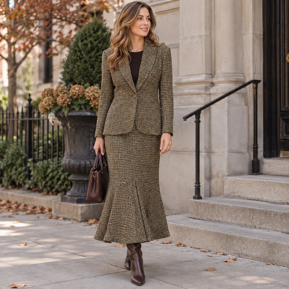 Nicole Suits Skirt Suit Speckled Tweed Blazer Trumpet Hem Skirt Set Women's 10